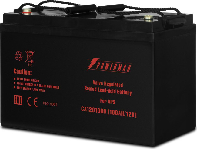 Батарея POWERMAN Battery CA121000, напряжение 12В, емкость 100Ач, макс. ток разряда 800А, макс. ток заряда 30А, свинцово-кислотная типа AGM, тип клемм М2, Д/Ш/В 329/172/215, 27.7 кг. Powerman CA121000/UPS