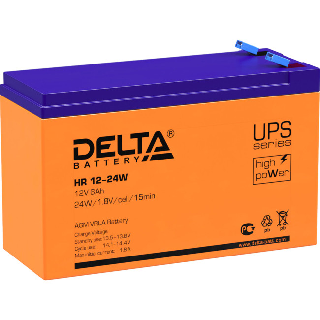 Батарея DELTA серия HR-W, HR 12-24 W, напряжение 12В, емкость 6Ач (разряд 20 часов),  макс. ток разряда (5 сек.) 90А, макс. ток заряда 1.8А, свинцово-кислотная типа AGM, клеммы F2, ДxШxВ 151х52х94мм., вес 2.18кг., срок службы 8 лет. Delta UPS HR 12-24 W (