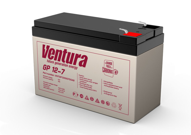 Батарея Ventura серия GP, GP12-7, напряжение  12B, емкость 7Ач (разряд 20 часов), макс. ток заряда 1.8А,  свинцово-кислотная типа AGM,  клеммы  T2, ДШВ  151х65х100мм, вес 2.04кг Ventura GP12-7