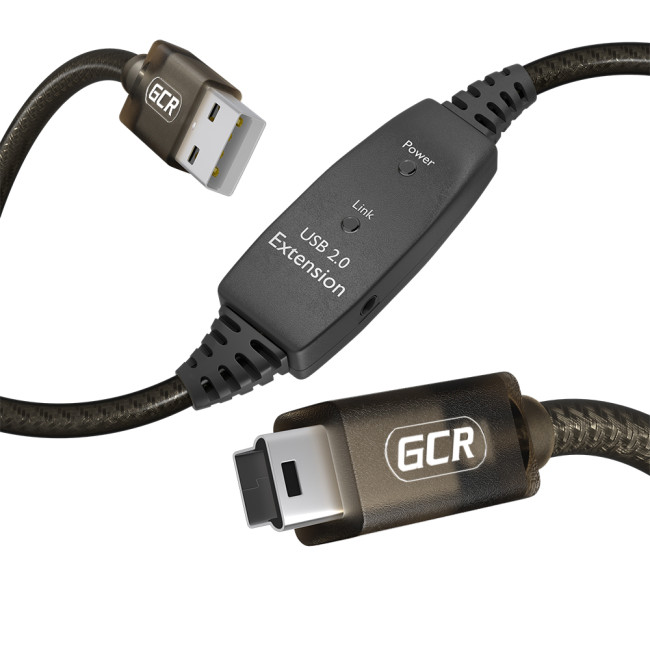 GCR Кабель активный 15.0m USB 2.0, AM/mini 5P, черно-прозрачный, с усилителем сигнала, разъём для доп.питания, 28/24 AWG, GCR-53811 Greenconnect GCR-53811