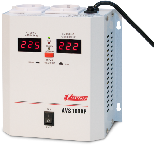 Стабилизатор POWERMAN AVS 1000P, ступенчатый регулятор, цифровые индикаторы уровней напряжения, 1000ВА, 110-260В, максимальный входной ток 7А, 2 евророзетки, IP-20, навесной,  185мм х 170мм х 100мм, 3.5 кг. POWERMAN AVS 1000P