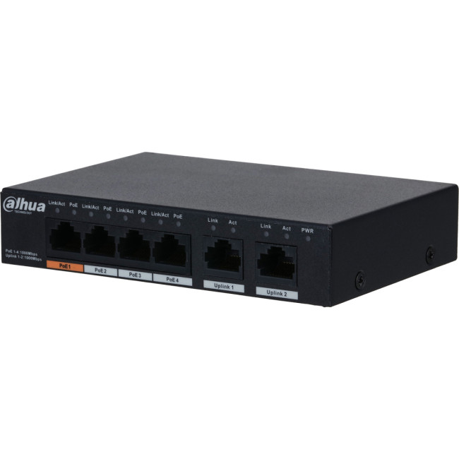 4-портовый неуправляемый коммутатор с РоЕ, Порты: 4 RJ45 10/100/1000Мбит/с PoE/PoE+/Hi-PoE 2 RJ45 10/100/1000Мбит/с uplink; мощность PoE: 1 до 60Вт порты: 24 до 30Вт суммарно до 60Вт; Dahua DH-PFS3006-4GT-60