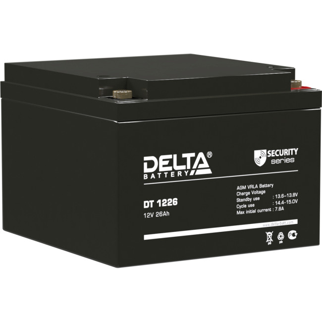 Батарея DELTA серия DT, DT 1226, напряжение 12В, емкость 26Ач (разряд 20 часов),  макс. ток разряда (5 сек.) 390А, макс. ток заряда 7.8А, свинцово-кислотная типа AGM, клеммы под гайку и болт M6, ДxШxВ 175х166х125мм., вес 8кг., срок службы 5 лет. Delta DT 
