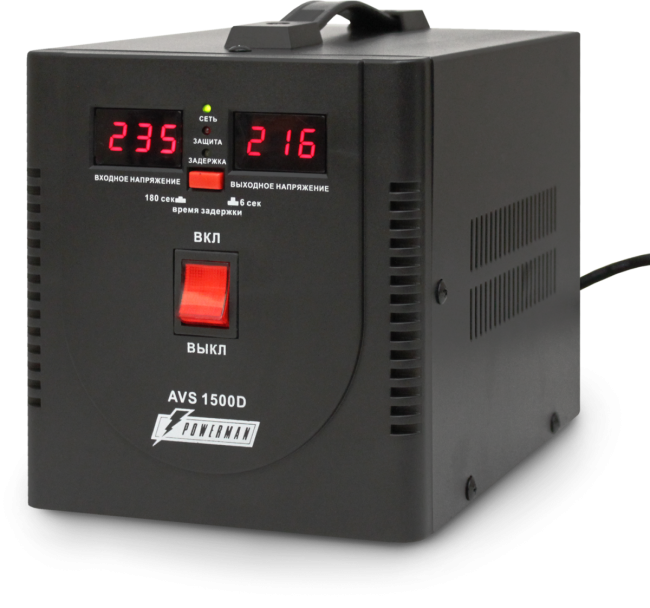 Стабилизатор POWERMAN AVS 1500D, черный, ступенчатый регулятор, цифровые индикаторы уровней напряжения, 1500ВА, 140-260В, максимальный входной ток 10А, 2 евророзетки, IP-20, напольный,  200мм х 160мм х 190мм, 4 кг. POWERMAN AVS 1500D