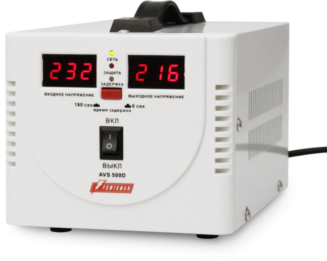 Стабилизатор POWERMAN AVS 500D, ступенчатый регулятор, цифровые индикаторы уровней напряжения, 500ВА, 140-260В, максимальный входной ток 5А, 2 евророзетки, IP-20, напольный,  200мм х 150мм х 140мм, 2,3 кг. POWERMAN AVS 500D